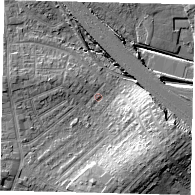 Shaded relief map of the ground around HA04DY, computed from Environment Agency LiDAR. The ground here sits at about 34 m above sea level and falls 19 m across the surrounding 800 m. Surface water reaching this point runs off ground lying to the east-south-east, 15.3 m higher.