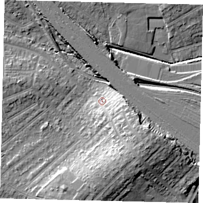 Shaded relief map of the ground around HA04DZ, computed from Environment Agency LiDAR. The ground here sits at about 37 m above sea level and falls 20 m across the surrounding 800 m. Surface water reaching this point runs off ground lying to the south-east, 8.4 m higher.