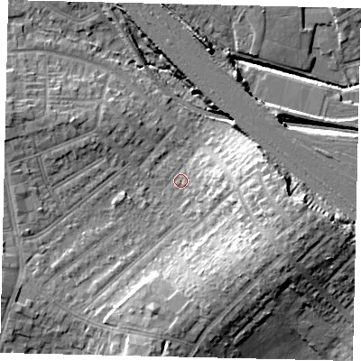 Shaded relief map of the ground around HA04EA, computed from Environment Agency LiDAR. The ground here sits at about 34 m above sea level and falls 19 m across the surrounding 800 m. Surface water reaching this point runs off ground lying to the east-south-east, 15.2 m higher.