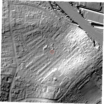 Shaded relief map of the ground around HA04JJ, computed from Environment Agency LiDAR. The ground here sits at about 35 m above sea level and falls 18 m across the surrounding 800 m. Surface water reaching this point runs off ground lying to the south-east, 8.6 m higher.