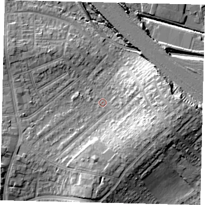 Shaded relief map of the ground around HA04JP, computed from Environment Agency LiDAR. The ground here sits at about 35 m above sea level and falls 19 m across the surrounding 800 m. Surface water reaching this point runs off ground lying to the east-south-east, 13.0 m higher.