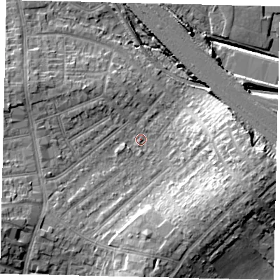 Shaded relief map of the ground around HA04JR, computed from Environment Agency LiDAR. The ground here sits at about 35 m above sea level and falls 18 m across the surrounding 800 m. Surface water reaching this point runs off ground lying to the east-south-east, 15.3 m higher.