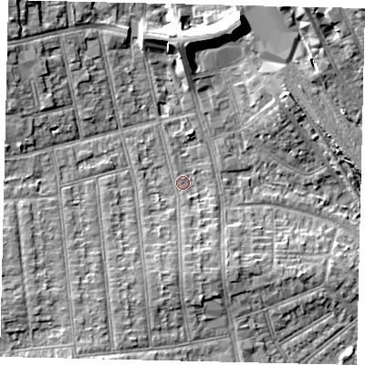 Shaded relief map of the ground around HA04SF, computed from Environment Agency LiDAR. The ground here sits at about 36 m above sea level and falls 12 m across the surrounding 800 m. Surface water reaching this point runs off ground lying to the south, 3.7 m higher.