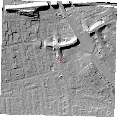Shaded relief map of the ground around HA04TL, computed from Environment Agency LiDAR. The ground here sits at about 36 m above sea level and falls 17 m across the surrounding 800 m. Surface water reaching this point runs off ground lying to the north, 6.3 m higher.