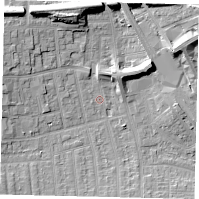 Shaded relief map of the ground around HA04TP, computed from Environment Agency LiDAR. The ground here sits at about 36 m above sea level and falls 16 m across the surrounding 800 m. Surface water reaching this point runs off ground lying to the north-north-west, 13.9 m higher.