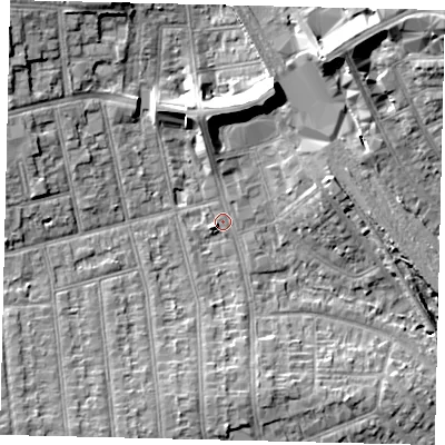 Shaded relief map of the ground around HA04TQ, computed from Environment Agency LiDAR. The ground here sits at about 35 m above sea level and falls 15 m across the surrounding 800 m. Surface water reaching this point runs off ground lying to the south, 4.4 m higher.