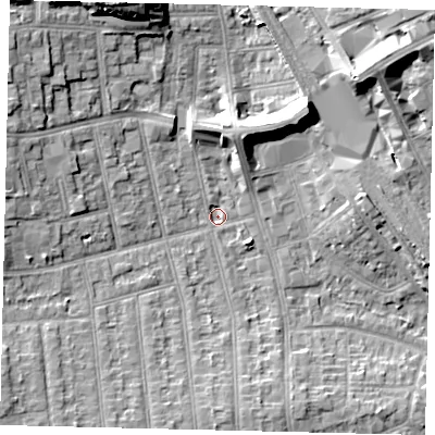 Shaded relief map of the ground around HA04TW, computed from Environment Agency LiDAR. The ground here sits at about 35 m above sea level and falls 16 m across the surrounding 800 m. Surface water reaching this point runs off ground lying to the north-north-west, 14.9 m higher.