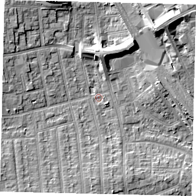Shaded relief map of the ground around HA04TX, computed from Environment Agency LiDAR. The ground here sits at about 35 m above sea level and falls 14 m across the surrounding 800 m. Surface water reaching this point runs off ground lying to the south, 4.6 m higher.
