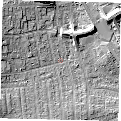 Shaded relief map of the ground around HA04TY, computed from Environment Agency LiDAR. The ground here sits at about 36 m above sea level and falls 14 m across the surrounding 800 m. Surface water reaching this point runs off ground lying to the north-north-west, 11.9 m higher.