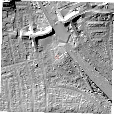 Shaded relief map of the ground around HA04YG, computed from Environment Agency LiDAR. The ground here sits at about 37 m above sea level and falls 22 m across the surrounding 800 m. Surface water reaching this point runs off ground lying to the east-north-east, 2.2 m higher.