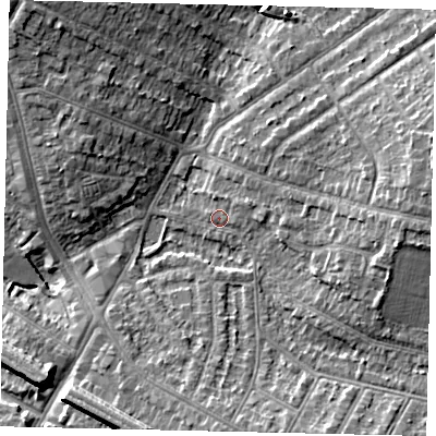 Shaded relief map of the ground around HA14PD, computed from Environment Agency LiDAR. The ground here sits at about 50 m above sea level and falls 11 m across the surrounding 800 m. Surface water reaching this point runs off ground lying to the east, 3.8 m higher.