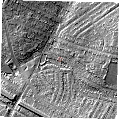 Shaded relief map of the ground around HA14PE, computed from Environment Agency LiDAR. The ground here sits at about 50 m above sea level and falls 11 m across the surrounding 800 m. Surface water reaching this point runs off ground lying to the east, 9.5 m higher.