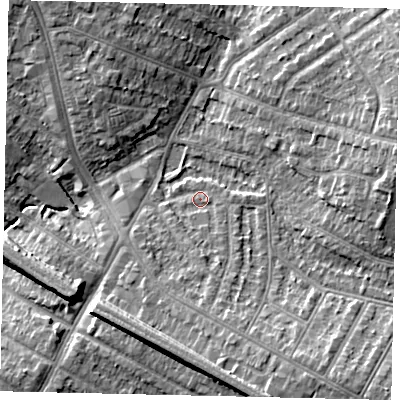 Shaded relief map of the ground around HA14PJ, computed from Environment Agency LiDAR. The ground here sits at about 50 m above sea level and falls 11 m across the surrounding 800 m. Surface water reaching this point runs off ground lying to the south-south-east, 5.8 m higher.