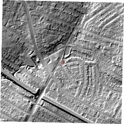 Shaded relief map of the ground around HA14PR, computed from Environment Agency LiDAR. The ground here sits at about 50 m above sea level and falls 11 m across the surrounding 800 m. Surface water reaching this point runs off ground lying to the south-east, 9.0 m higher.