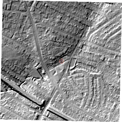 Shaded relief map of the ground around HA26AA, computed from Environment Agency LiDAR. The ground here sits at about 49 m above sea level and falls 11 m across the surrounding 800 m. Surface water reaching this point runs off ground lying to the south, 10.3 m higher.