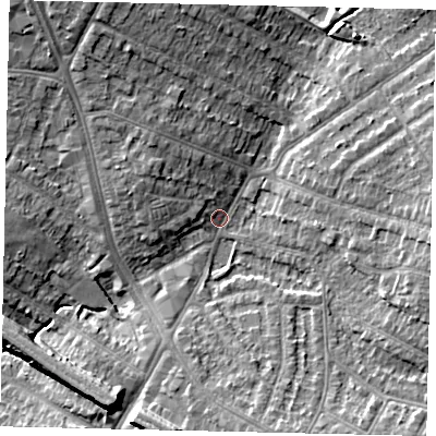 Shaded relief map of the ground around HA26AE, computed from Environment Agency LiDAR. The ground here sits at about 49 m above sea level and falls 10 m across the surrounding 800 m. Surface water reaching this point runs off ground lying to the north-north-west, 8.7 m higher.