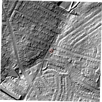 Shaded relief map of the ground around HA26AF, computed from Environment Agency LiDAR. The ground here sits at about 49 m above sea level and falls 11 m across the surrounding 800 m. Surface water reaching this point runs off ground lying to the north-north-west, 9.2 m higher.