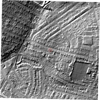 Shaded relief map of the ground around HA26AQ, computed from Environment Agency LiDAR. The ground here sits at about 53 m above sea level and falls 12 m across the surrounding 800 m. Surface water reaching this point runs off ground lying to the east, 8.0 m higher.
