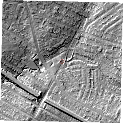 Shaded relief map of the ground around HA26BT, computed from Environment Agency LiDAR. The ground here sits at about 49 m above sea level and falls 11 m across the surrounding 800 m. Surface water reaching this point runs off ground lying to the south-south-east, 9.4 m higher.