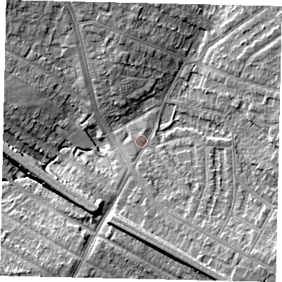 Shaded relief map of the ground around HA26BU, computed from Environment Agency LiDAR. The ground here sits at about 50 m above sea level and falls 12 m across the surrounding 800 m. Surface water reaching this point runs off ground lying to the south-south-east, 9.7 m higher.