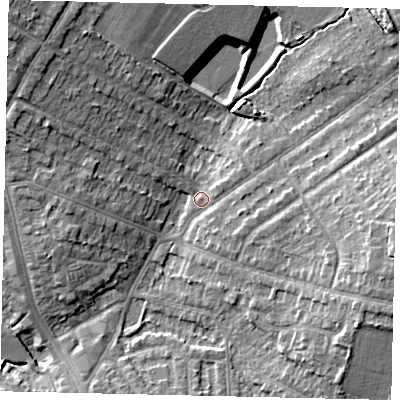 Shaded relief map of the ground around HA26BX, computed from Environment Agency LiDAR. The ground here sits at about 51 m above sea level and falls 12 m across the surrounding 800 m. Surface water reaching this point runs off ground lying to the east-south-east, 9.7 m higher.