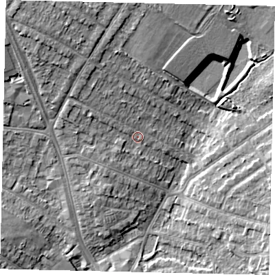 Shaded relief map of the ground around HA26BY, computed from Environment Agency LiDAR. The ground here sits at about 53 m above sea level and falls 14 m across the surrounding 800 m. Surface water reaching this point runs off ground lying to the west-north-west, 3.6 m higher.