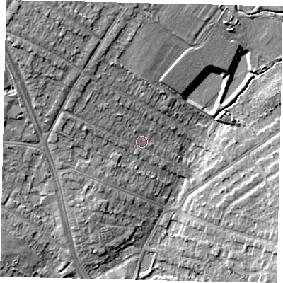 Shaded relief map of the ground around HA26BZ, computed from Environment Agency LiDAR. The ground here sits at about 53 m above sea level and falls 13 m across the surrounding 800 m. Surface water reaching this point runs off ground lying to the north-west, 5.0 m higher.