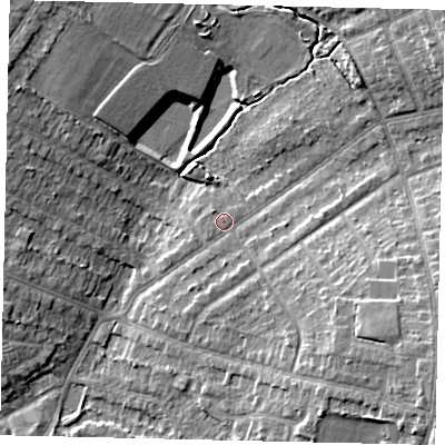 Shaded relief map of the ground around HA26DF, computed from Environment Agency LiDAR. The ground here sits at about 53 m above sea level and falls 12 m across the surrounding 800 m. Surface water reaching this point runs off ground lying to the south-east, 5.8 m higher.