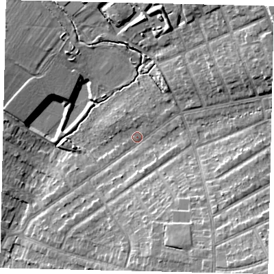 Shaded relief map of the ground around HA26DG, computed from Environment Agency LiDAR. The ground here sits at about 52 m above sea level and falls 14 m across the surrounding 800 m. Surface water reaching this point runs off ground lying to the south-south-east, 9.0 m higher.