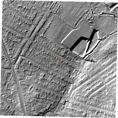 Shaded relief map of the ground around HA26DH, computed from Environment Agency LiDAR. The ground here sits at about 53 m above sea level and falls 13 m across the surrounding 800 m. Surface water reaching this point runs off ground lying to the north-west, 5.0 m higher.