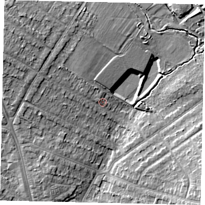 Shaded relief map of the ground around HA26DQ, computed from Environment Agency LiDAR. The ground here sits at about 53 m above sea level and falls 13 m across the surrounding 800 m. Surface water reaching this point runs off ground lying to the west-north-west, 5.6 m higher.