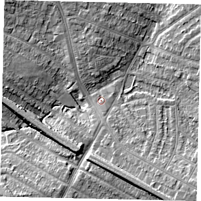 Shaded relief map of the ground around HA26DZ, computed from Environment Agency LiDAR. The ground here sits at about 49 m above sea level and falls 12 m across the surrounding 800 m. Surface water reaching this point runs off ground lying to the south-east, 10.1 m higher.