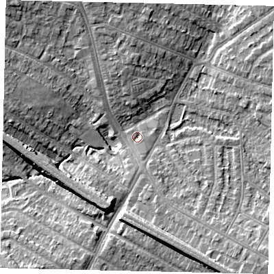 Shaded relief map of the ground around HA26EA, computed from Environment Agency LiDAR. The ground here sits at about 49 m above sea level and falls 12 m across the surrounding 800 m. Surface water reaching this point runs off ground lying to the south-south-east, 10.2 m higher.