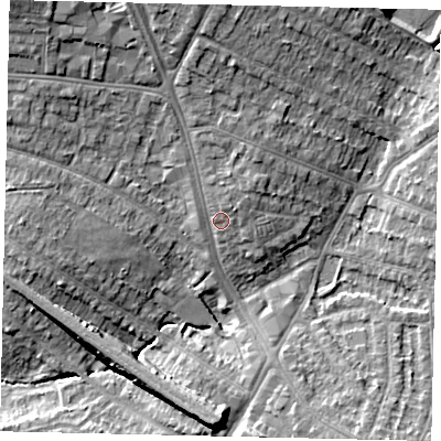 Shaded relief map of the ground around HA26EF, computed from Environment Agency LiDAR. The ground here sits at about 52 m above sea level and falls 13 m across the surrounding 800 m. Surface water reaching this point runs off ground lying to the north, 2.6 m higher.