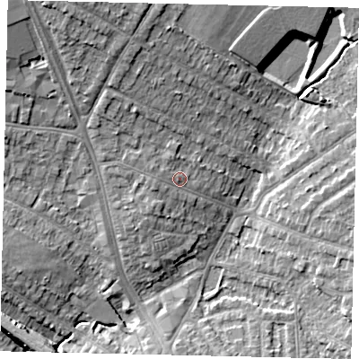 Shaded relief map of the ground around HA26HE, computed from Environment Agency LiDAR. The ground here sits at about 53 m above sea level and falls 14 m across the surrounding 800 m. Surface water reaching this point runs off ground lying to the north-north-west, 1.0 m higher.
