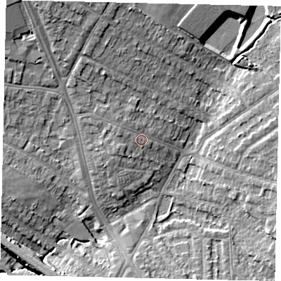 Shaded relief map of the ground around HA26HF, computed from Environment Agency LiDAR. The ground here sits at about 52 m above sea level and falls 14 m across the surrounding 800 m. Surface water reaching this point runs off ground lying to the west-north-west, 1.6 m higher.