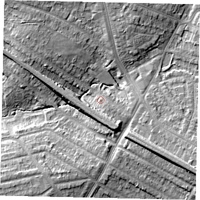 Shaded relief map of the ground around HA27LA, computed from Environment Agency LiDAR. The ground here sits at about 50 m above sea level and falls 12 m across the surrounding 800 m. Surface water reaching this point runs off ground lying to the south-east, 9.6 m higher.