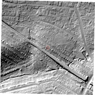 Shaded relief map of the ground around HA27LB, computed from Environment Agency LiDAR. The ground here sits at about 53 m above sea level and falls 16 m across the surrounding 800 m. Surface water reaching this point runs off ground lying to the north-north-west, 0.8 m higher.