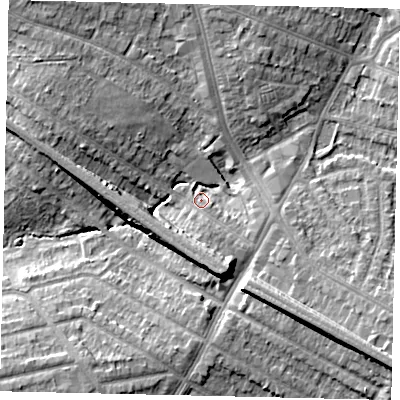 Shaded relief map of the ground around HA27LD, computed from Environment Agency LiDAR. The ground here sits at about 49 m above sea level and falls 12 m across the surrounding 800 m. Surface water reaching this point runs off ground lying to the south-east, 10.3 m higher.