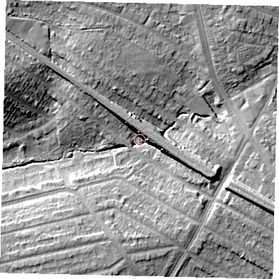 Shaded relief map of the ground around HA27RA, computed from Environment Agency LiDAR. The ground here sits at about 47 m above sea level and falls 12 m across the surrounding 800 m. Surface water reaching this point runs off ground lying to the east-south-east, 9.3 m higher.