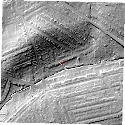 Shaded relief map of the ground around HA27RH, computed from Environment Agency LiDAR. The ground here sits at about 48 m above sea level and falls 19 m across the surrounding 800 m. Surface water reaching this point runs off ground lying to the north-west, 17.4 m higher.