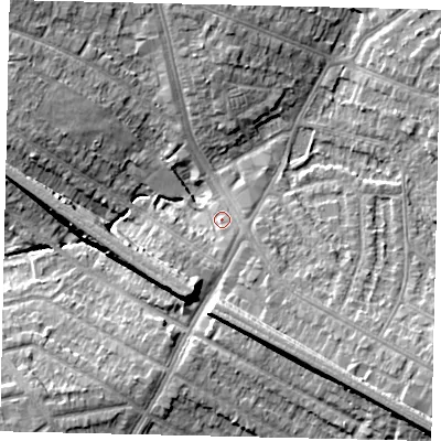 Shaded relief map of the ground around HA27SY, computed from Environment Agency LiDAR. The ground here sits at about 51 m above sea level and falls 12 m across the surrounding 800 m. Surface water reaching this point runs off ground lying to the south-east, 9.2 m higher.