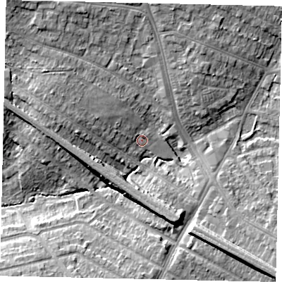 Shaded relief map of the ground around HA27TA, computed from Environment Agency LiDAR. The ground here sits at about 49 m above sea level and falls 12 m across the surrounding 800 m. Surface water reaching this point runs off ground lying to the south-east, 10.8 m higher.