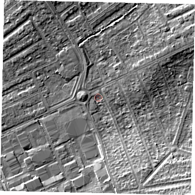 Shaded relief map of the ground around HA28SE, computed from Environment Agency LiDAR. The ground here sits at about 36 m above sea level and falls 13 m across the surrounding 800 m. Surface water reaching this point runs off ground lying to the south-east, 9.1 m higher.