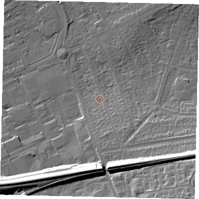 Shaded relief map of the ground around HA28TP, computed from Environment Agency LiDAR. The ground here sits at about 38 m above sea level and falls 19 m across the surrounding 800 m. Surface water reaching this point runs off ground lying to the south-south-east, 5.8 m higher.