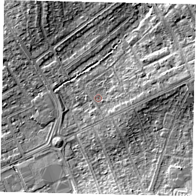 Shaded relief map of the ground around HA29AP, computed from Environment Agency LiDAR. The ground here sits at about 37 m above sea level and falls 8 m across the surrounding 800 m. Surface water reaching this point runs off ground lying to the east, 3.4 m higher.