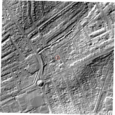 Shaded relief map of the ground around HA29AR, computed from Environment Agency LiDAR. The ground here sits at about 37 m above sea level and falls 8 m across the surrounding 800 m. Surface water reaching this point runs off ground lying to the east-south-east, 2.3 m higher.