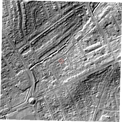Shaded relief map of the ground around HA29AS, computed from Environment Agency LiDAR. The ground here sits at about 37 m above sea level and falls 9 m across the surrounding 800 m. Surface water reaching this point runs off ground lying to the east, 6.3 m higher.