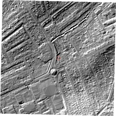 Shaded relief map of the ground around HA29AW, computed from Environment Agency LiDAR. The ground here sits at about 36 m above sea level and falls 8 m across the surrounding 800 m. Surface water reaching this point runs off ground lying to the south, 0.6 m higher.