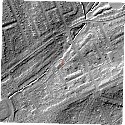 Shaded relief map of the ground around HA29BB, computed from Environment Agency LiDAR. The ground here sits at about 38 m above sea level and falls 10 m across the surrounding 800 m. Surface water reaching this point runs off ground lying to the east-north-east, 2.1 m higher.
